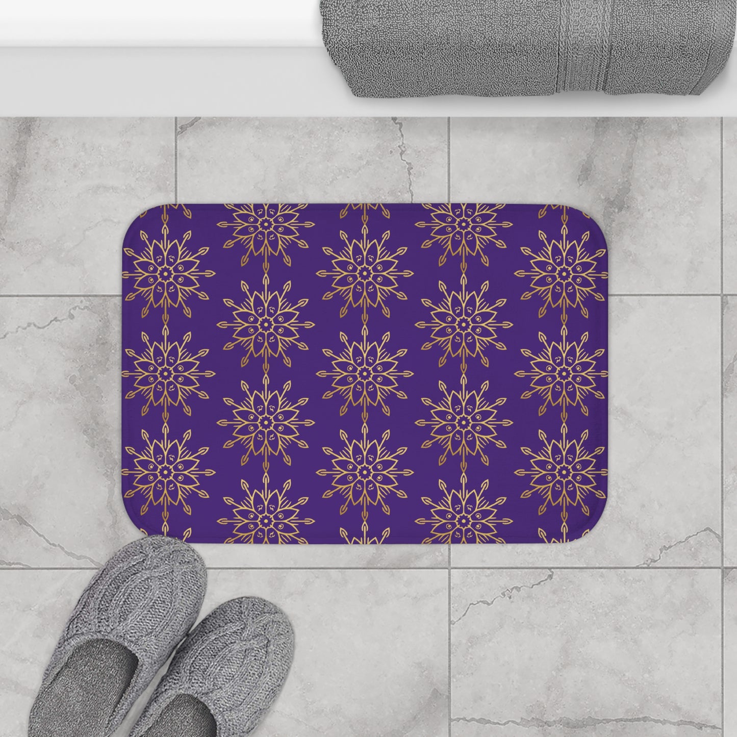 Regal Radiance – Purple & Gold Faith-Inspired Bath Mat