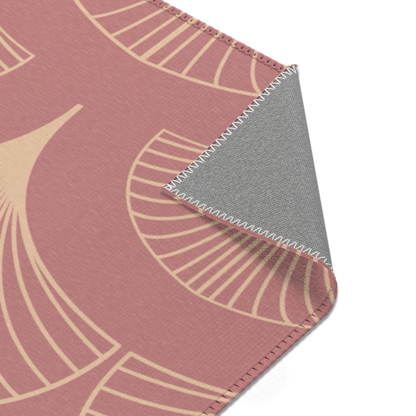 Sanctified Shells Art Deco Rug – Champagne Gold on Muted Rose