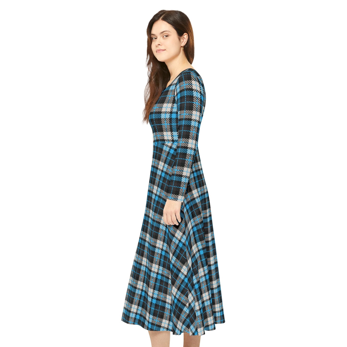Silent Crossing – Women’s Long Sleeve Tartan Midi Dress