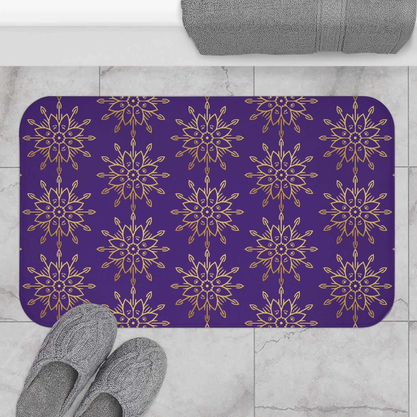 Regal Radiance – Purple & Gold Faith-Inspired Bath Mat