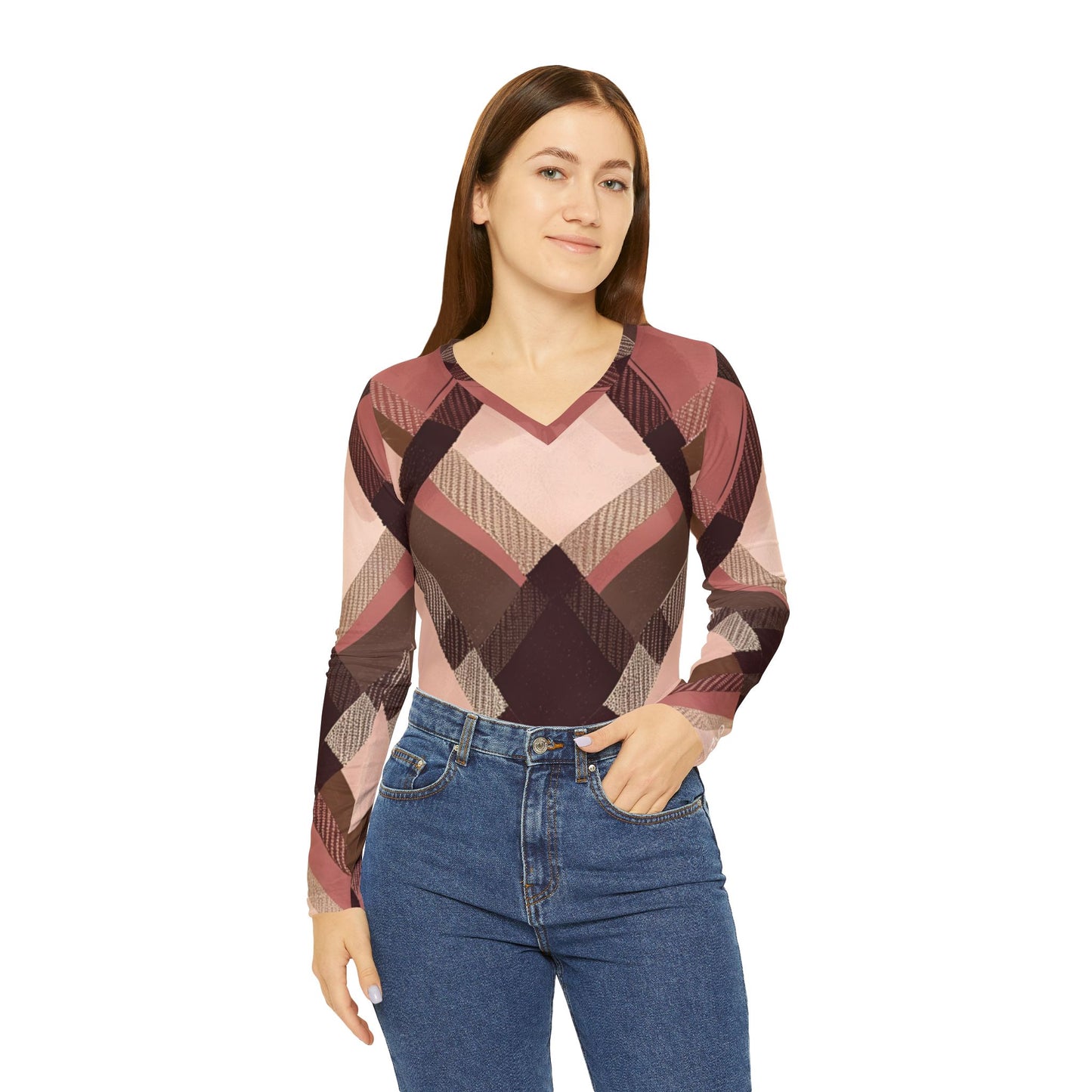 Blush & Mocha Plaid V-Neck Long Sleeve Top, Casual Fashion Top, Perfect for Layering, Fall Fashion, Cozy Everyday Wear