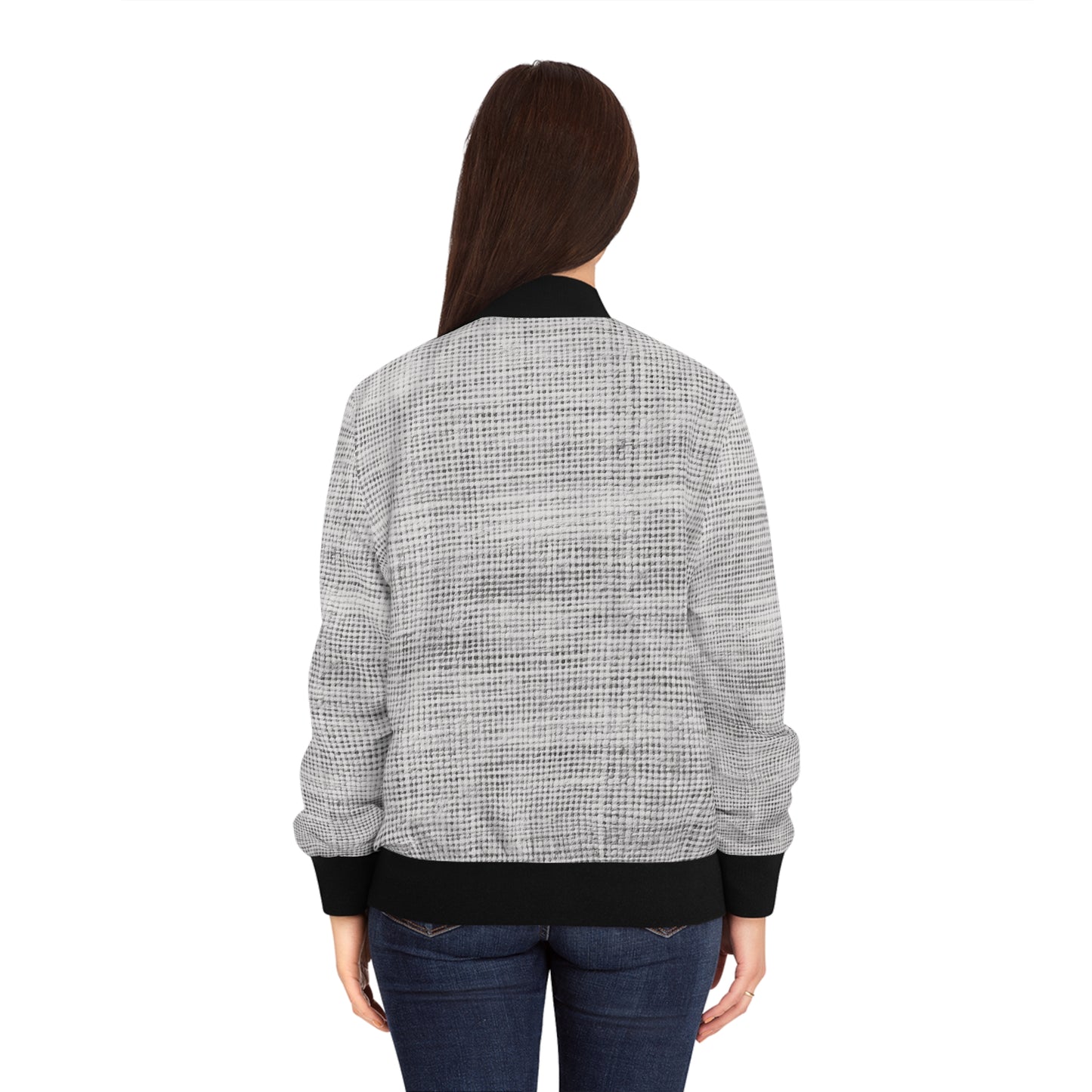 Grayscale Grid Women's Bomber Jacket, Trendy Outerwear, Fashion Layering, Casual Style, Gift for Her, Fall Fashion