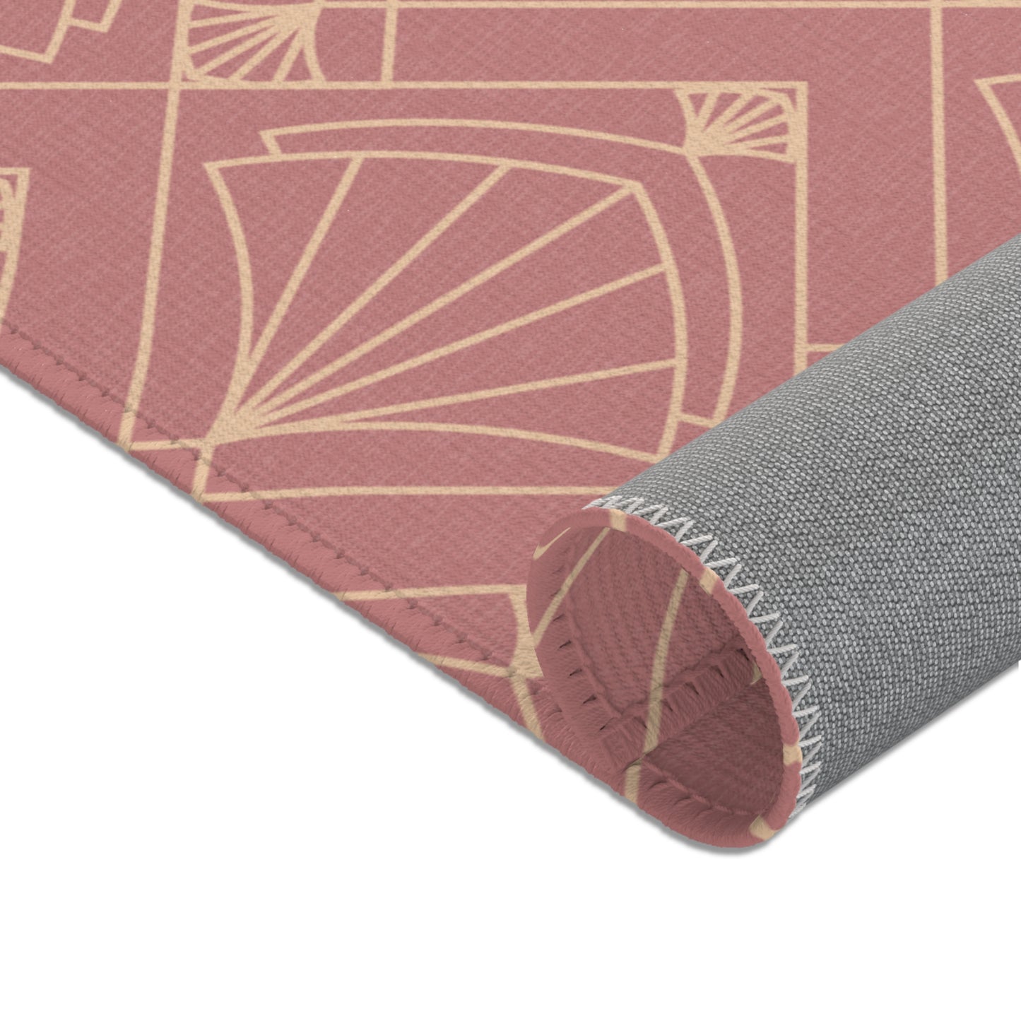 Rose Radiance Art Deco Rug – Champagne Gold on Muted Rose