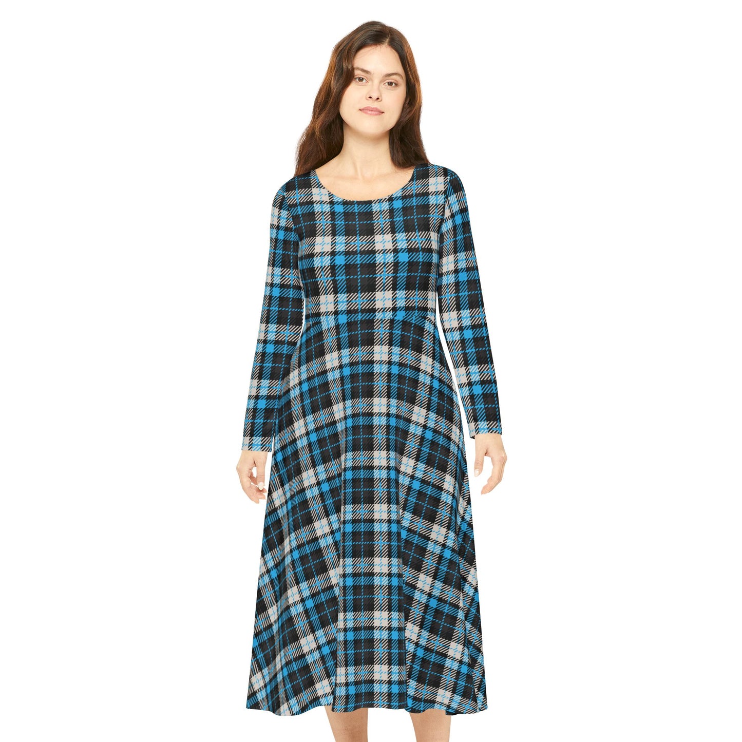 Silent Crossing – Women’s Long Sleeve Tartan Midi Dress