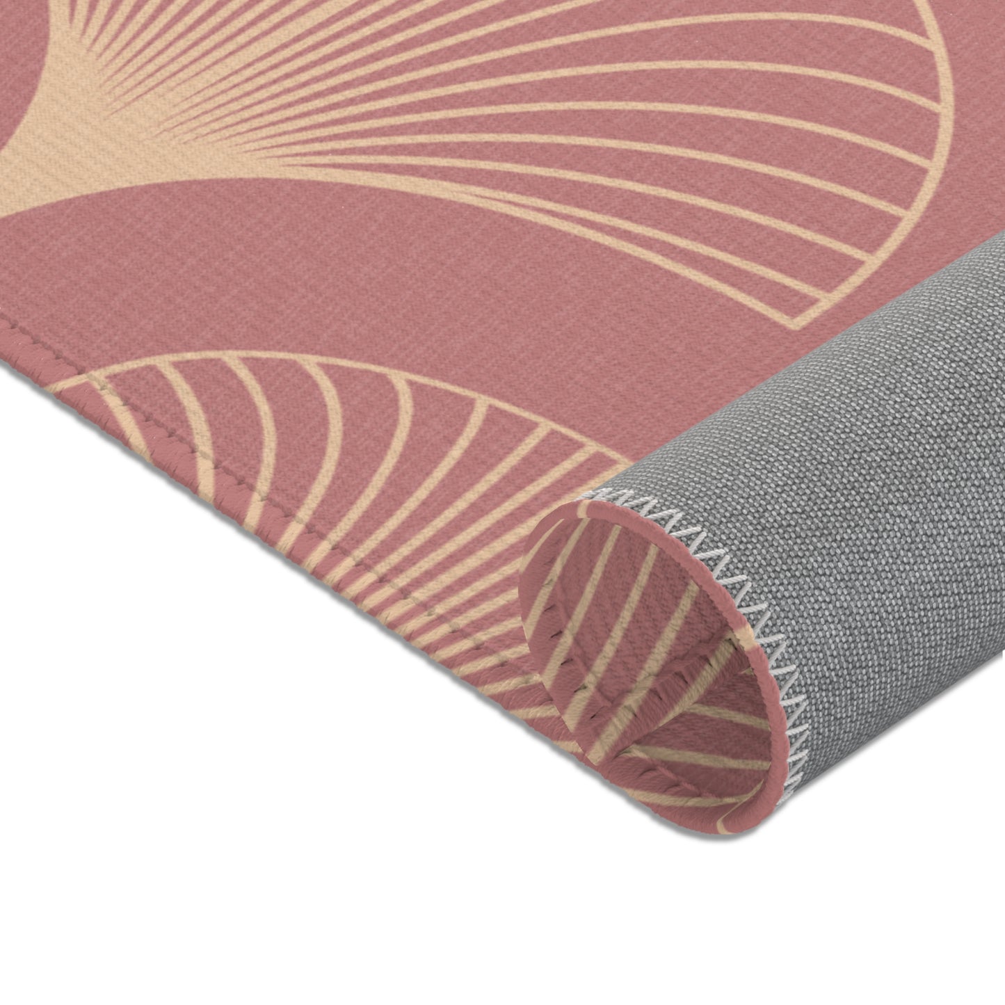 Sanctified Shells Art Deco Rug – Champagne Gold on Muted Rose