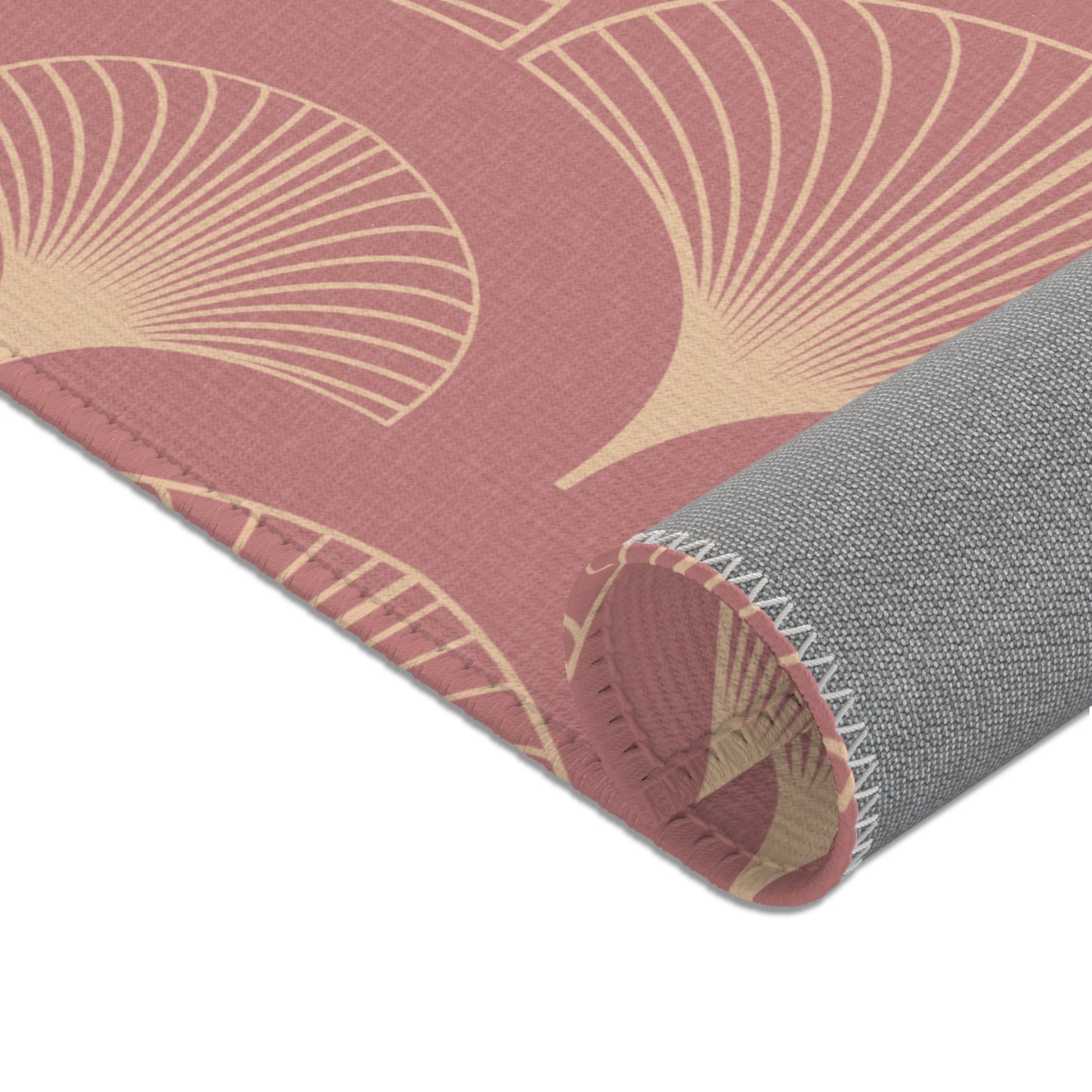 Sanctified Shells Art Deco Rug – Champagne Gold on Muted Rose
