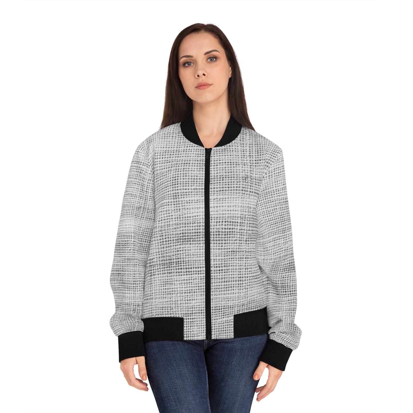 Grayscale Grid Women's Bomber Jacket, Trendy Outerwear, Fashion Layering, Casual Style, Gift for Her, Fall Fashion