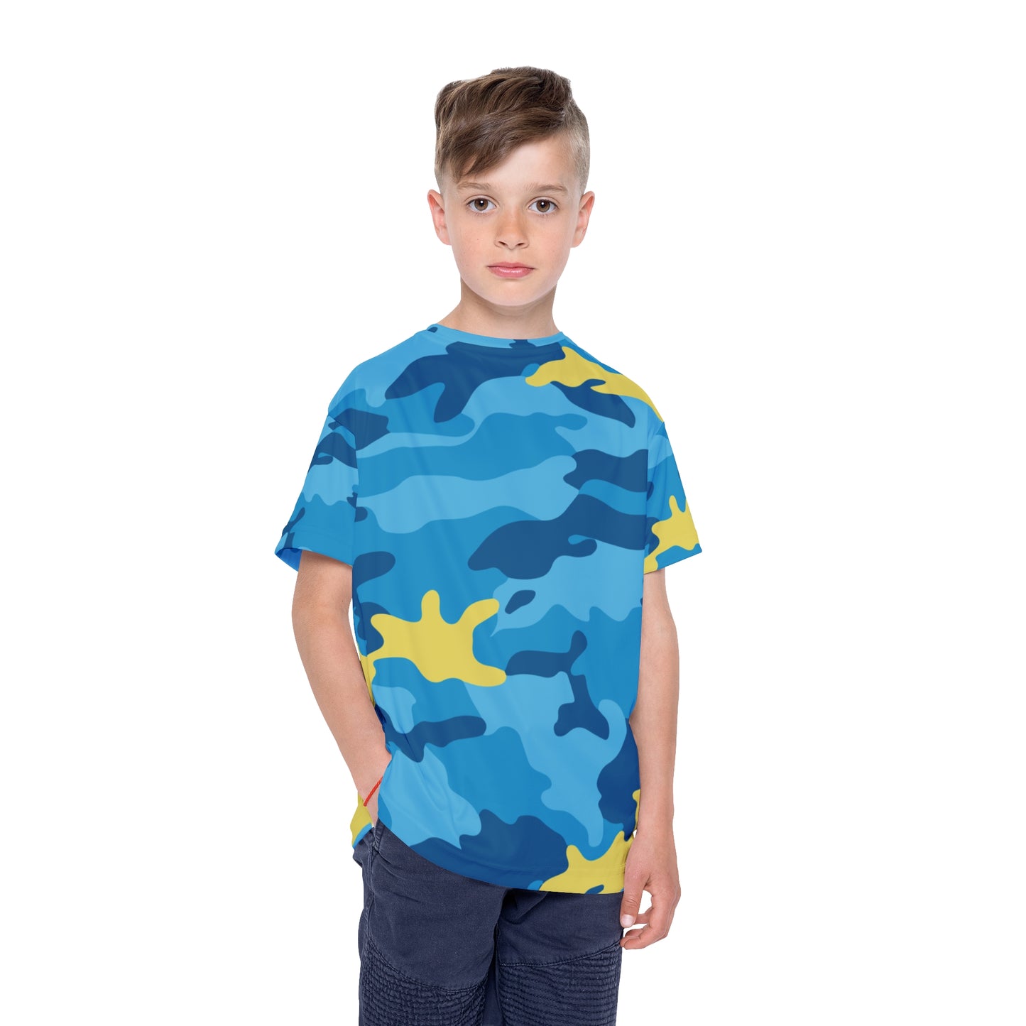 Blue + Bold Camo Youth Tee – Faith-Fueled Energy