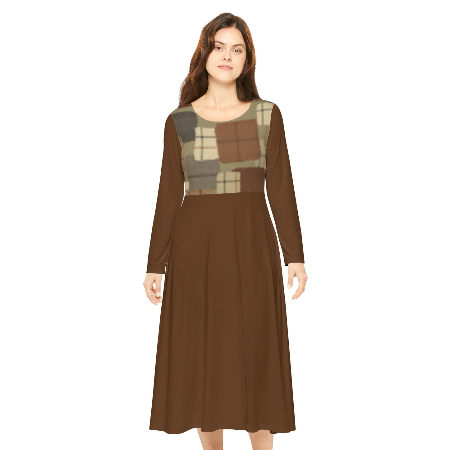Rooted & Warm – Plaid Yoke Long-Sleeve Midi Dress