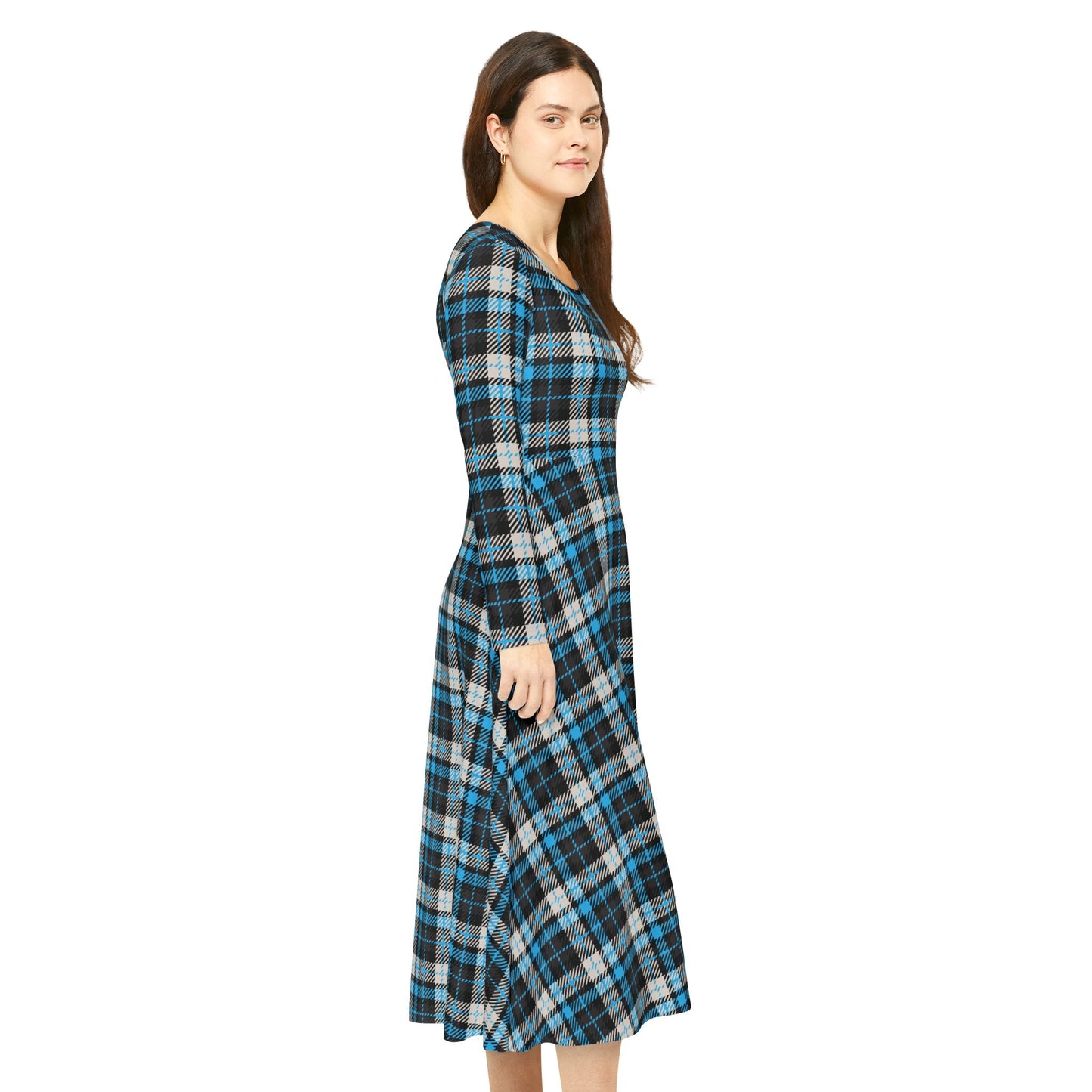 Silent Crossing – Women’s Long Sleeve Tartan Midi Dress