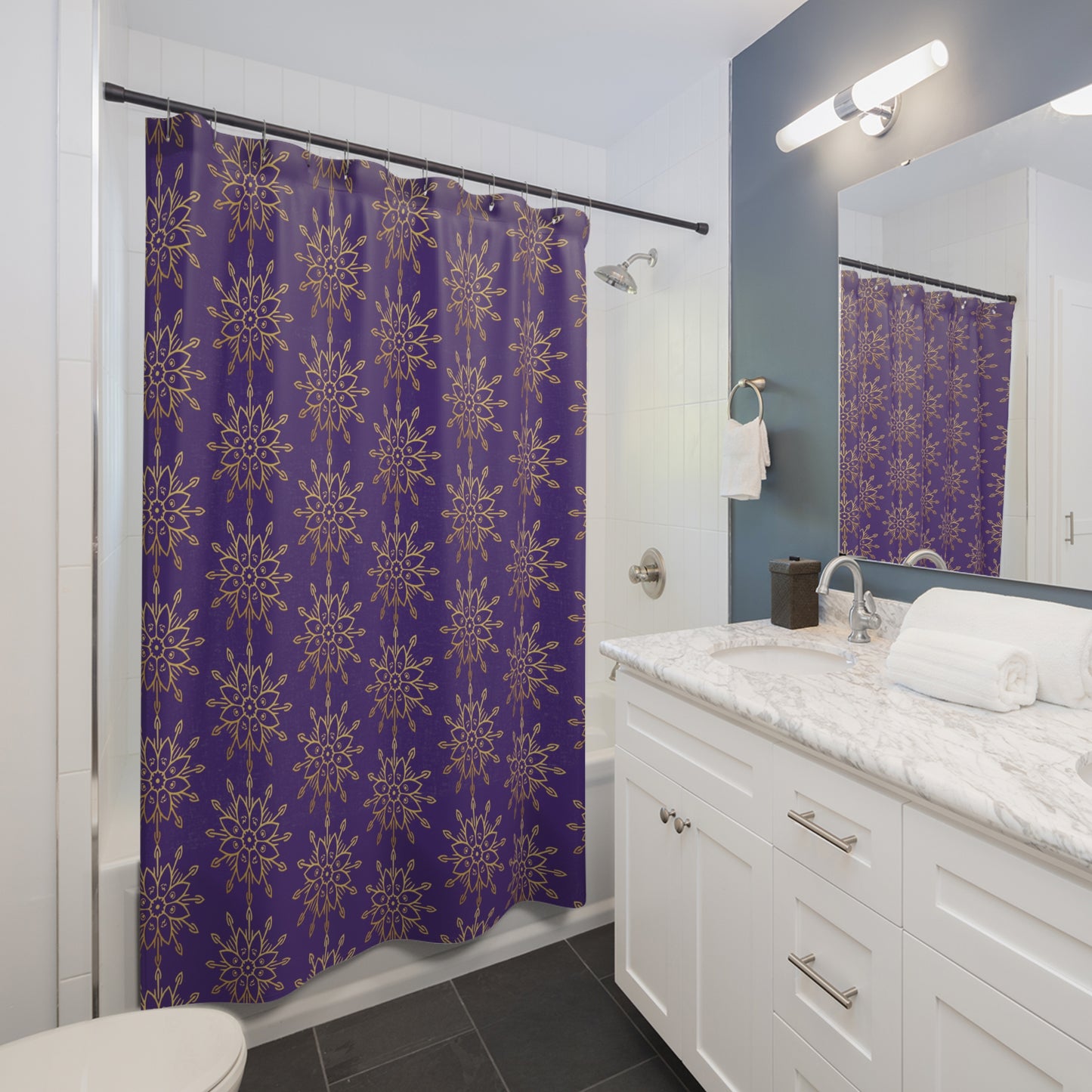 Regal Radiance – Purple & Gold Faith-Inspired Shower Curtain