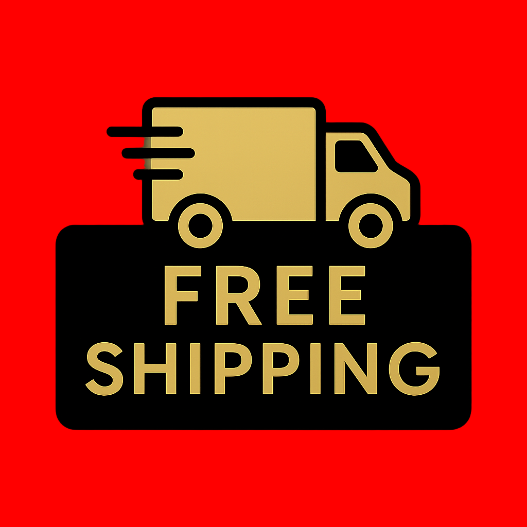 Free shipping icon with a delivery truck and 'FREE SHIPPING' text on a white background