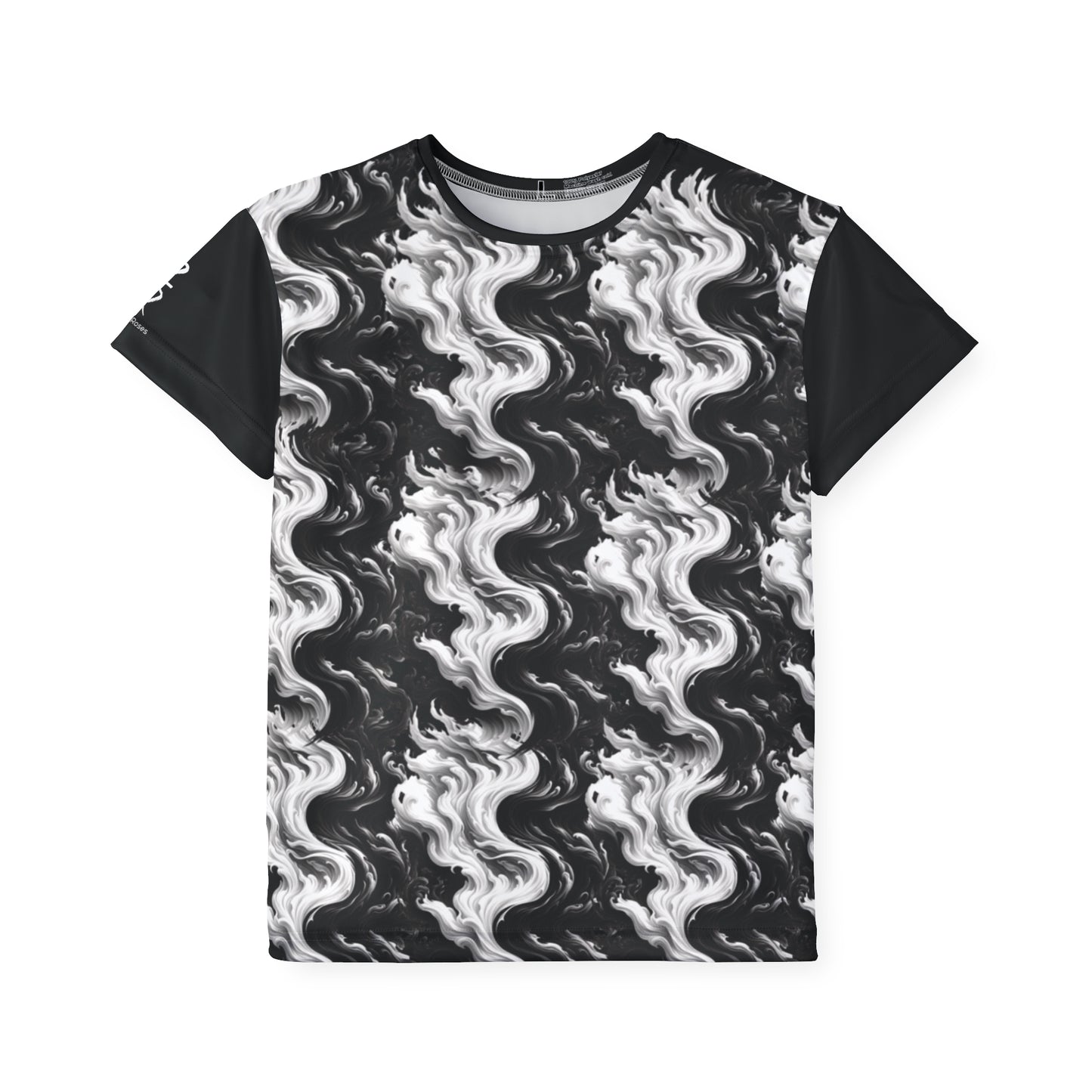 Black t-shirt with white wavy pattern on a white background