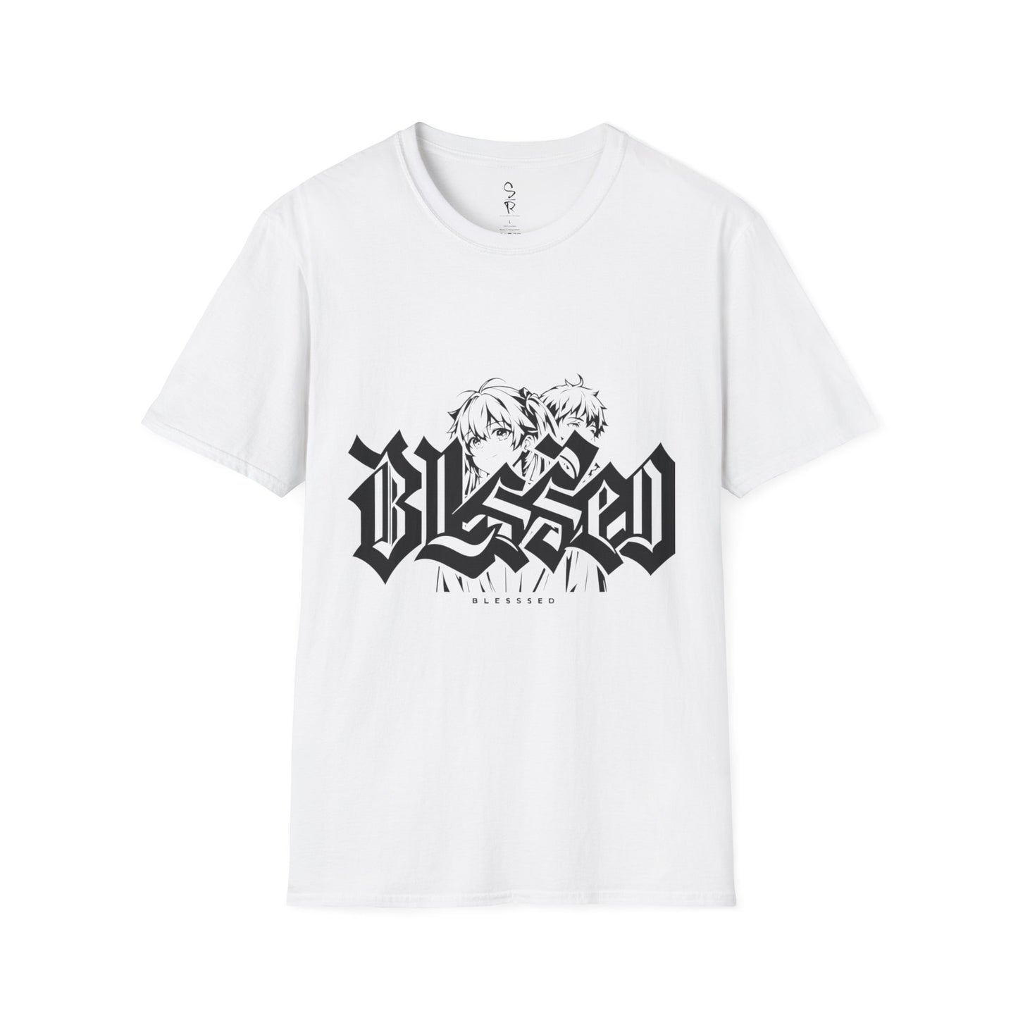 White t-shirt with black graphic design on a white background