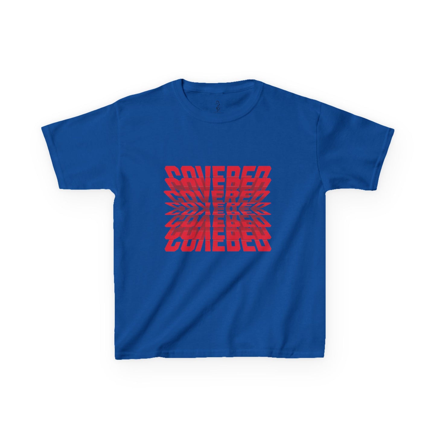 Blue t-shirt with red geometric pattern on a white background
