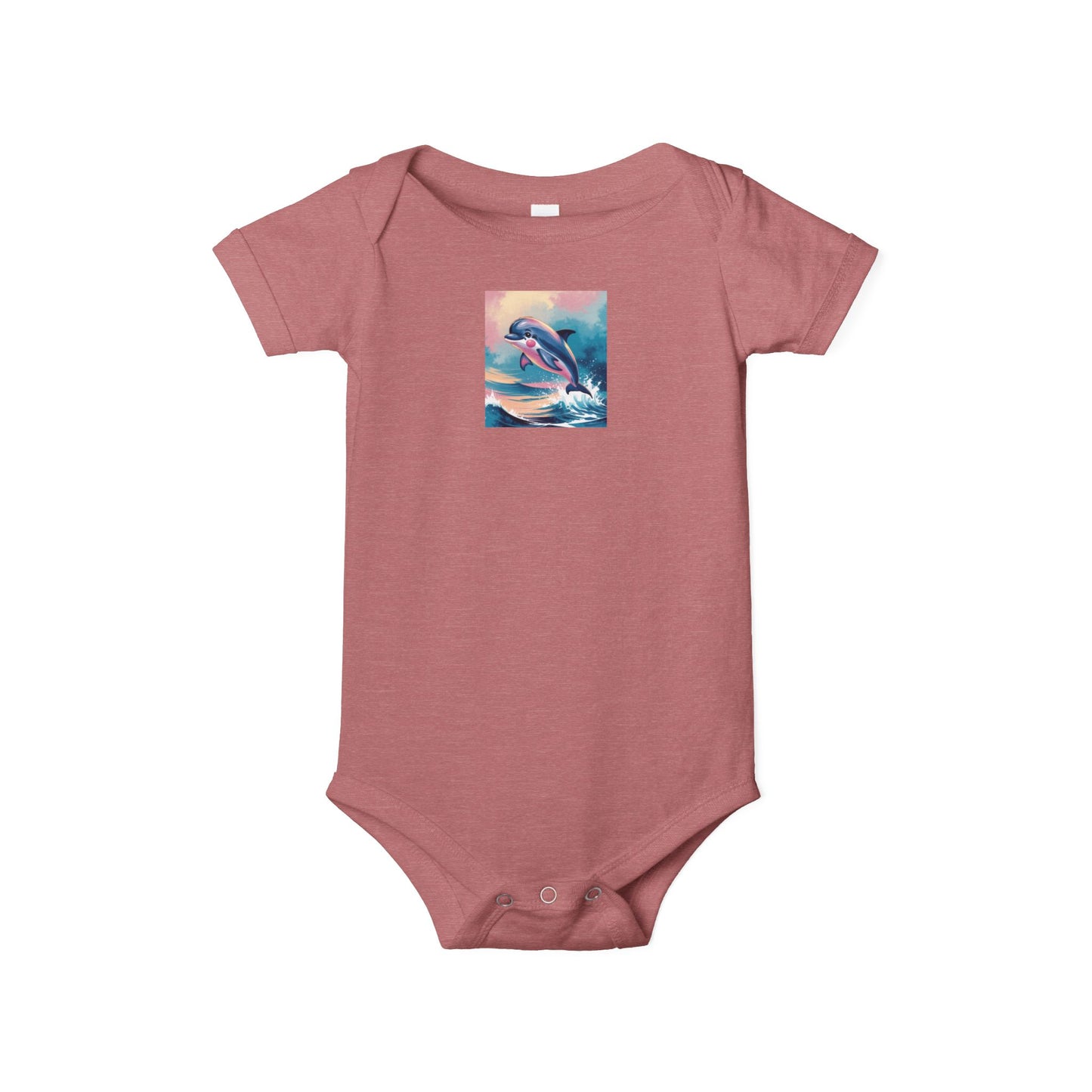 Pink baby onesie with a dolphin design on a white background