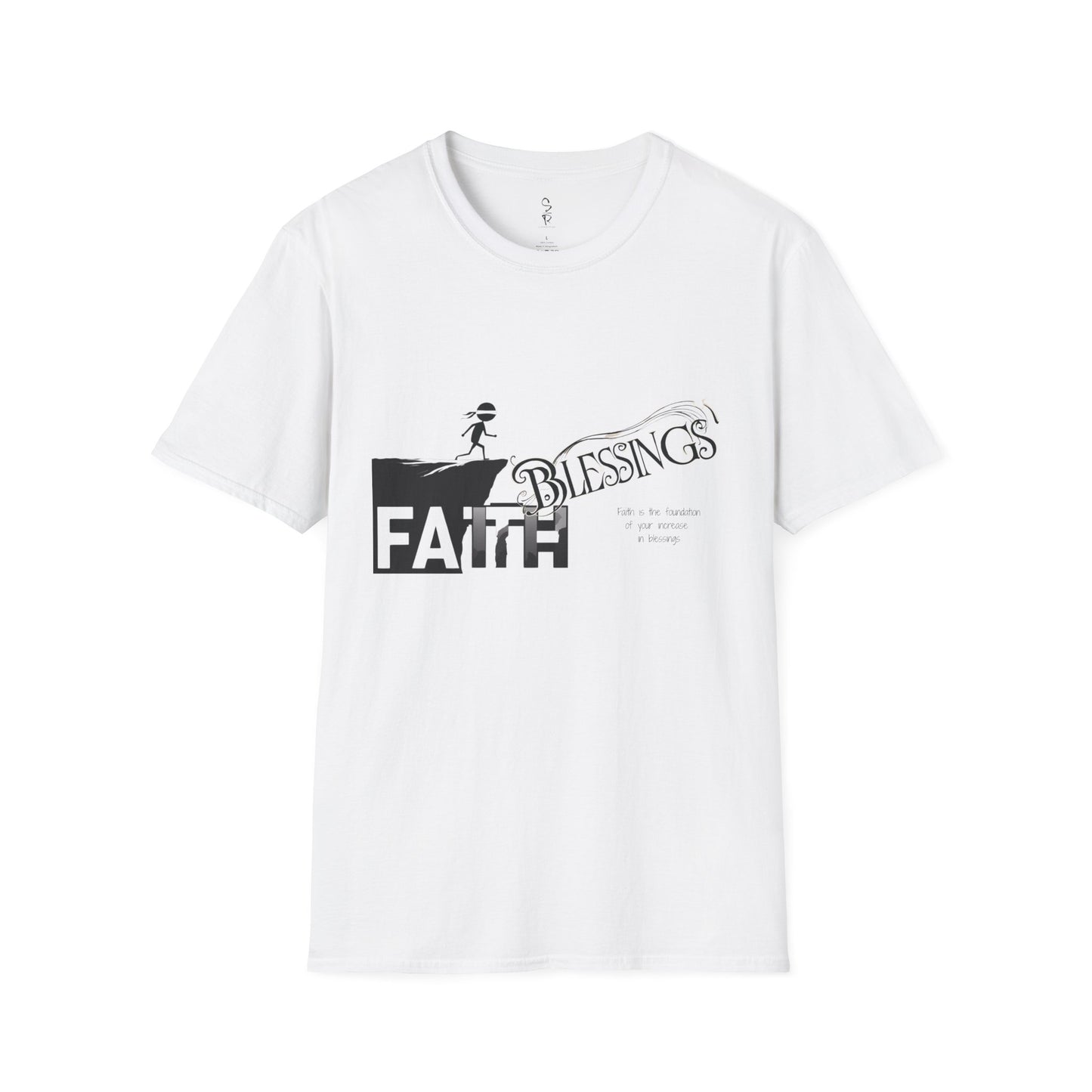 White t-shirt with 'Faith Blessings' graphic design on a white background