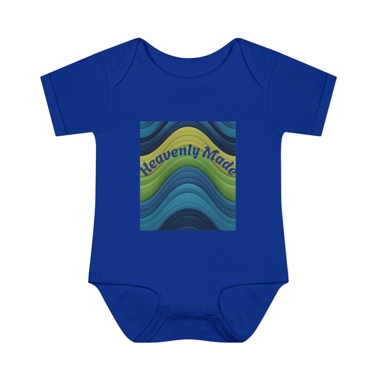 Blue baby onesie with colorful design and 'Heavenly Made' text on a white background