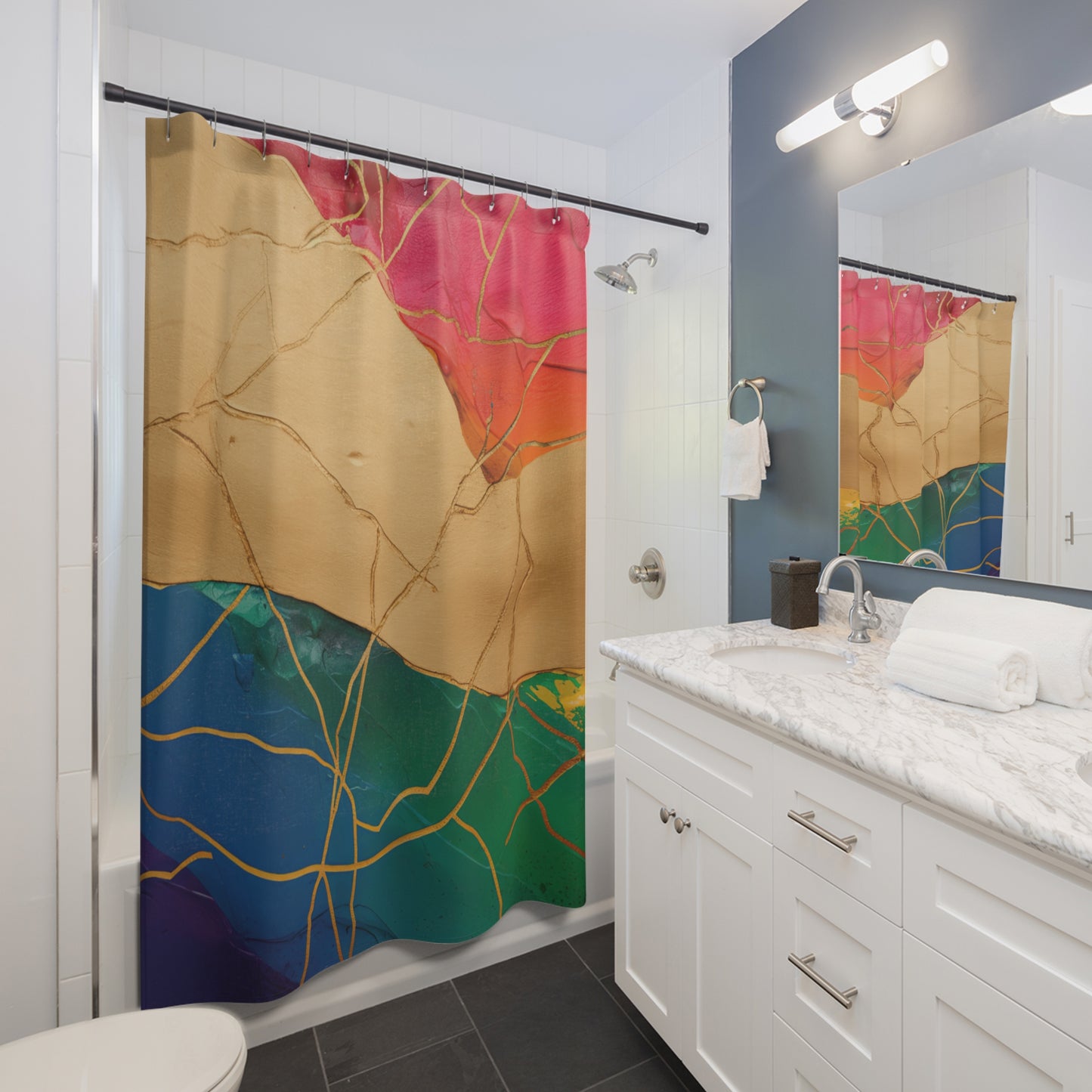 Bathroom with a colorful shower curtain and white vanity.