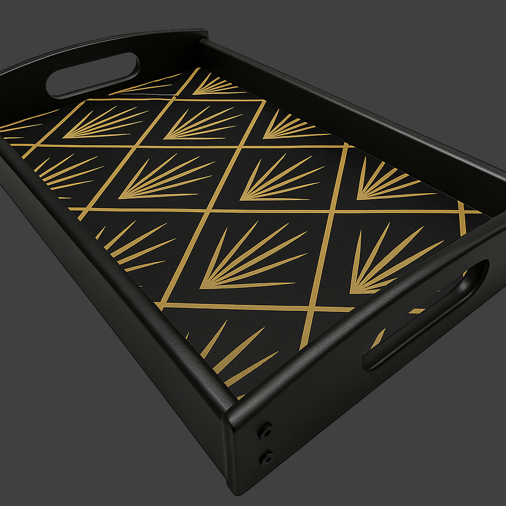 Black tray with gold geometric pattern on a light gray background