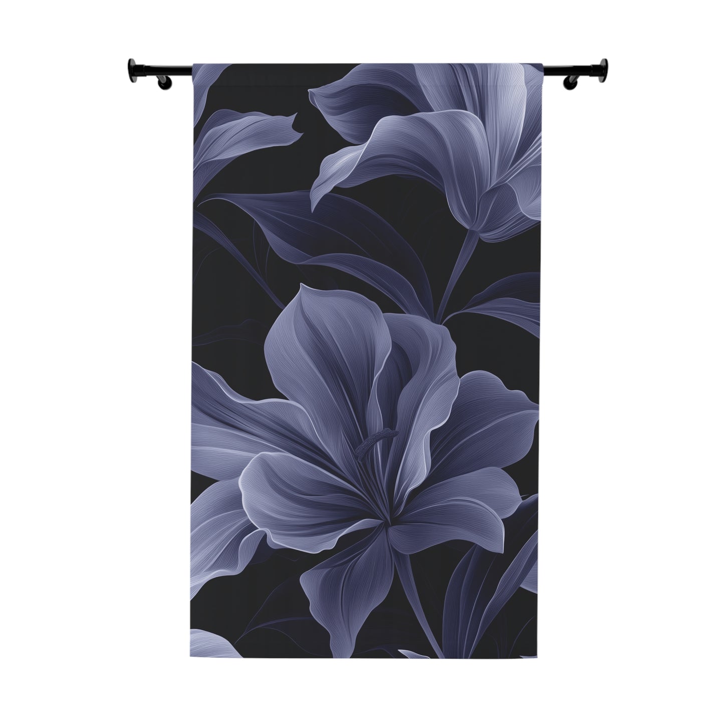 Floral curtain with purple flowers on a black background
