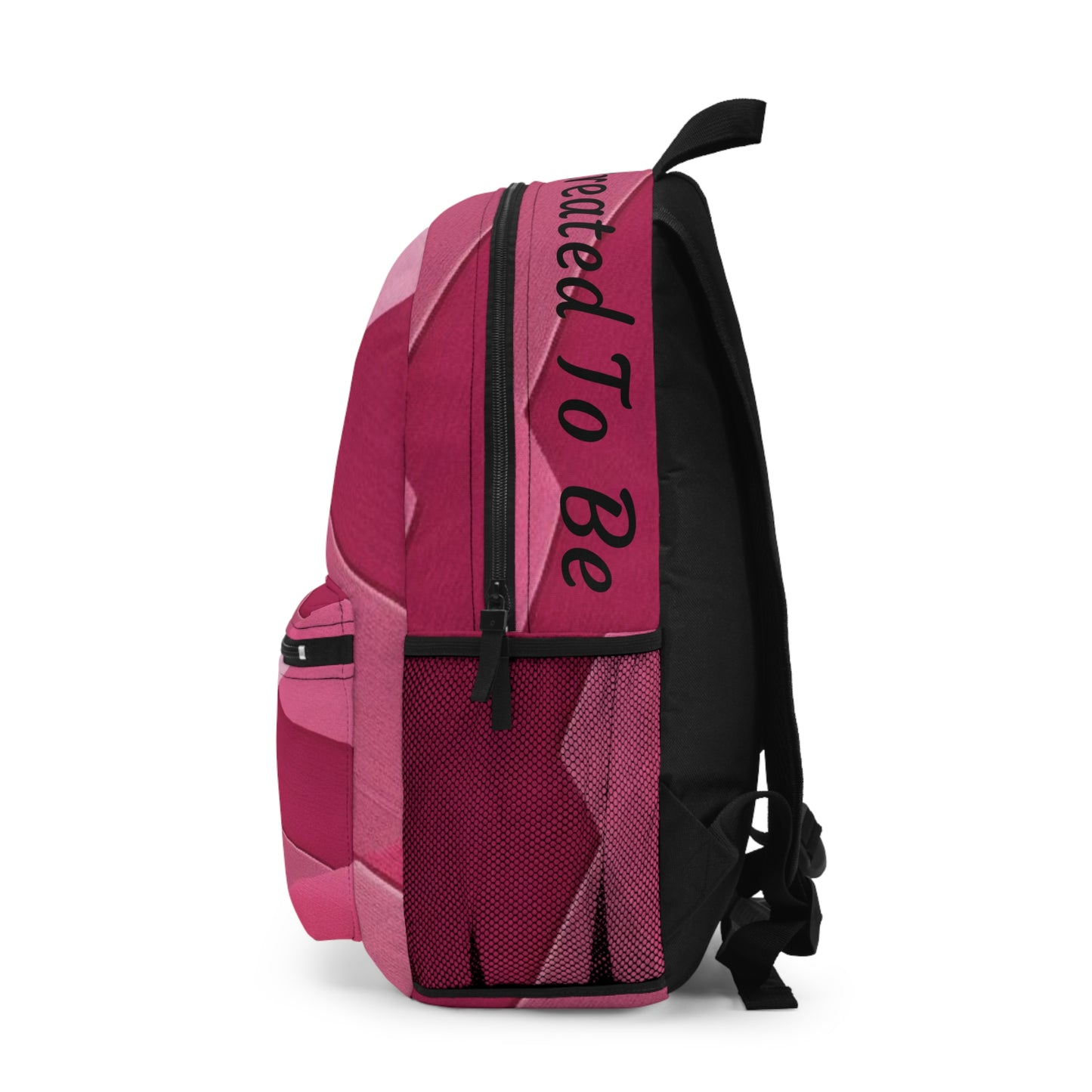 Pink and black backpack with text on a white background