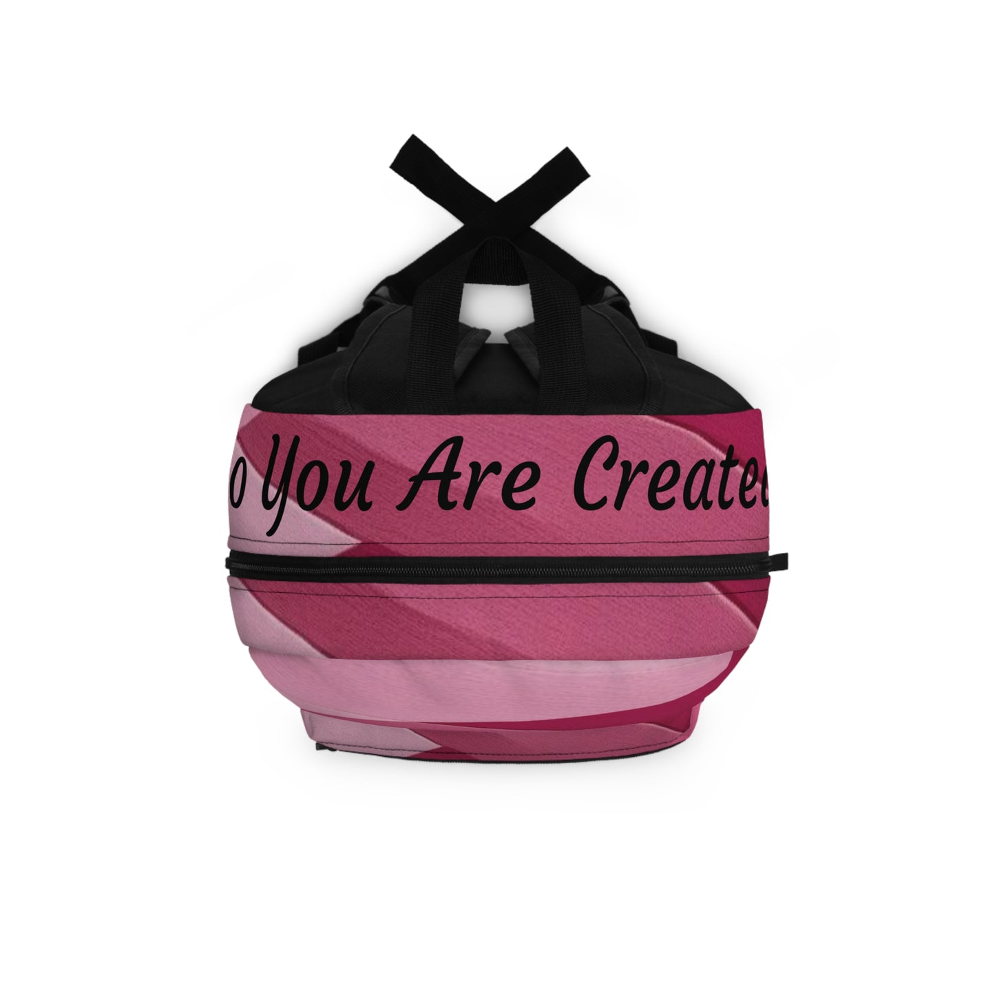 Pink and black bag with text on a white background