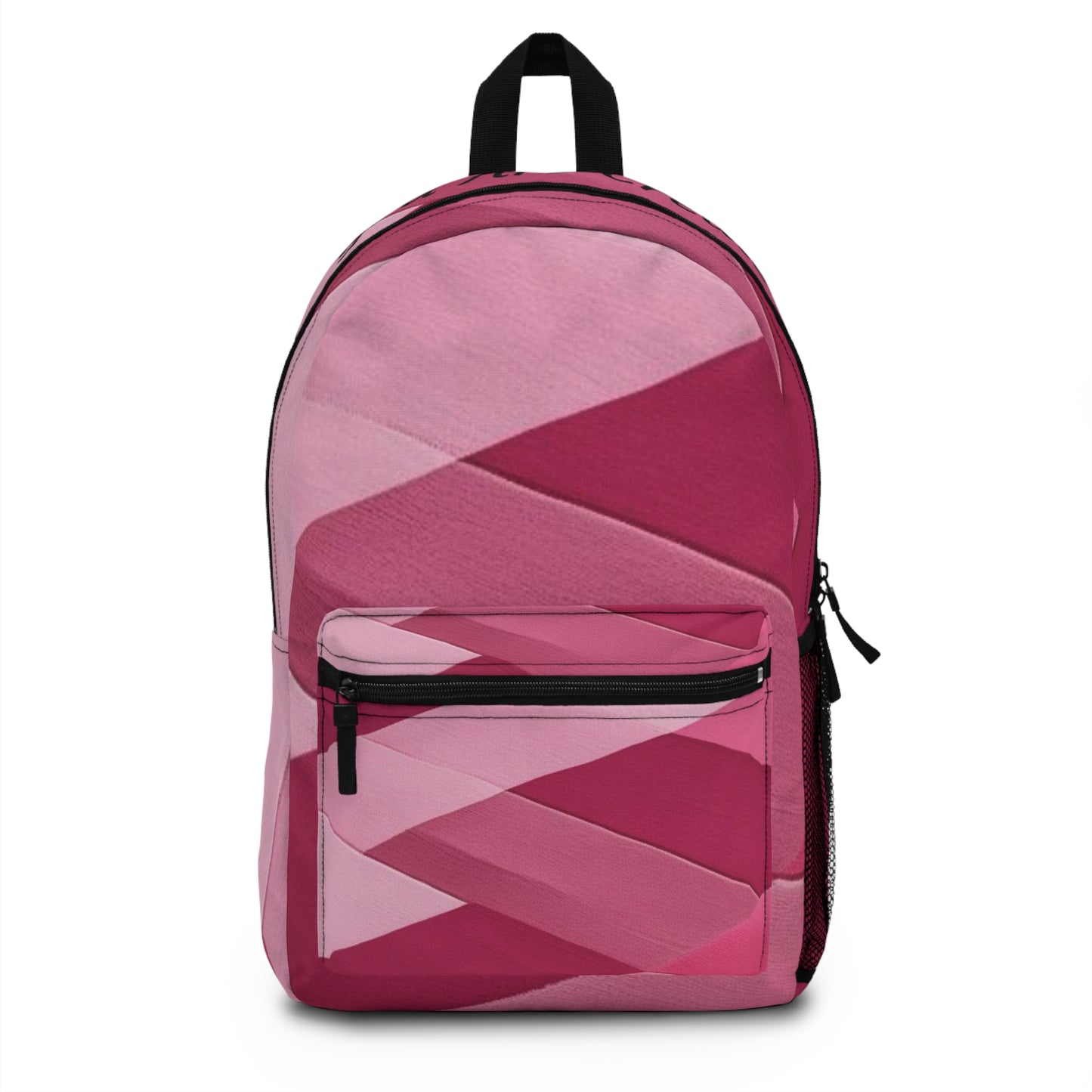 Pink geometric-patterned backpack on a white background