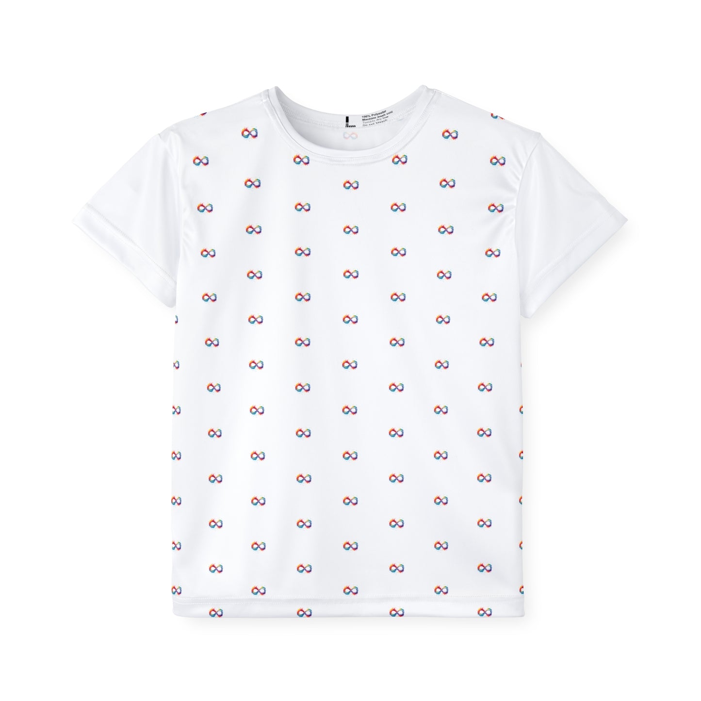 White t-shirt with small colorful pattern on a white background