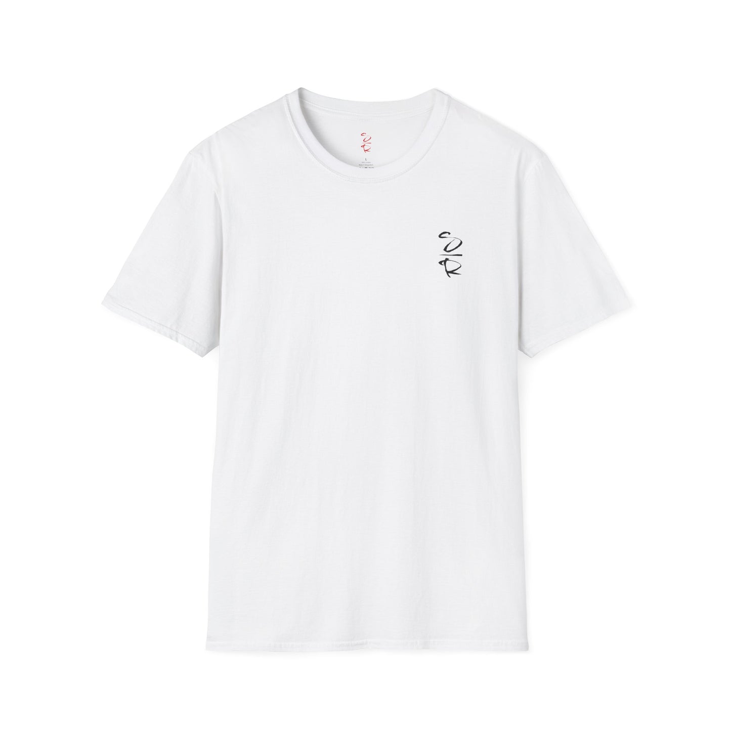 White t-shirt with a small black design on a white background
