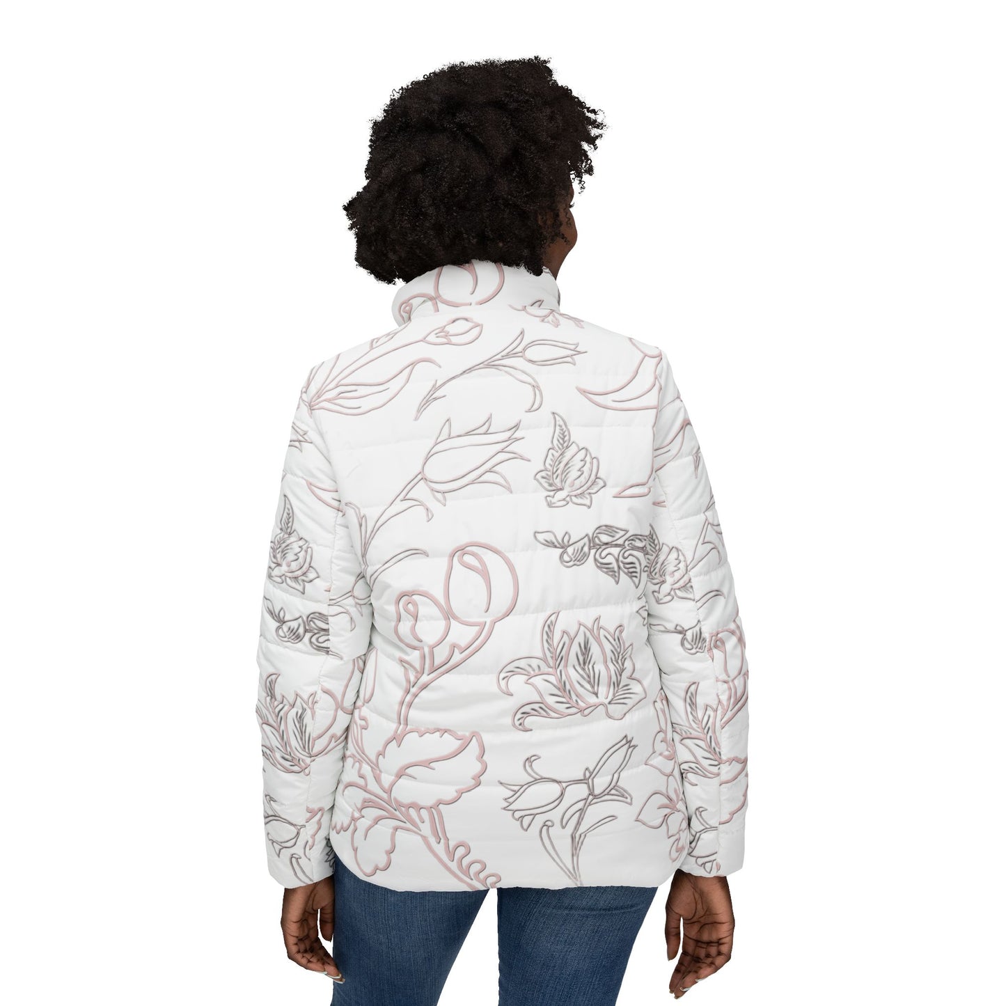 Person wearing a floral-patterned jacket on a white background