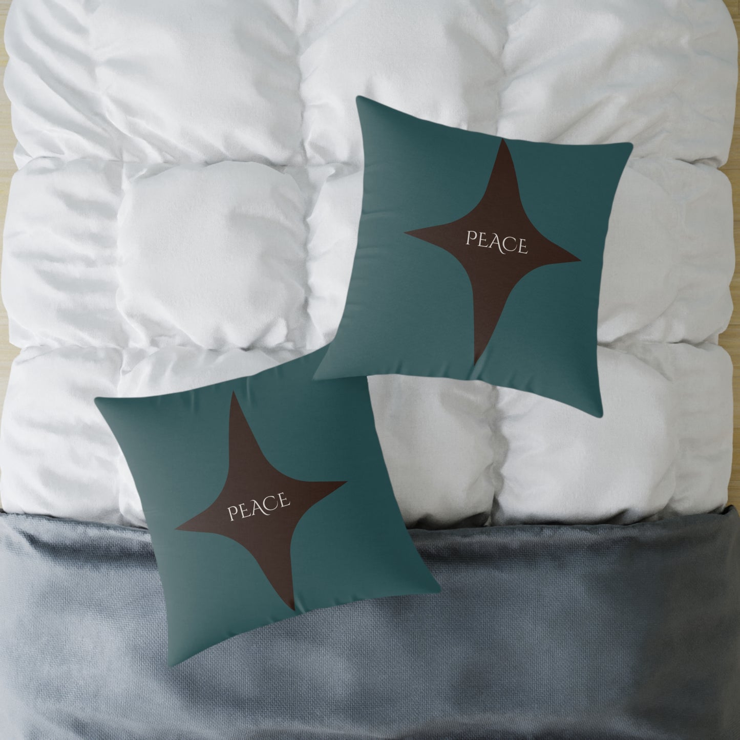 Peace Geometric Accent Pillow – Transformative Teal + Dark Cocoa