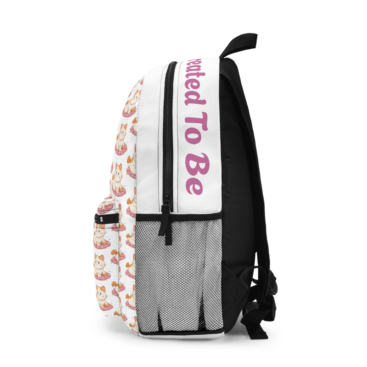 Backpack with pink text and floral pattern on a white background