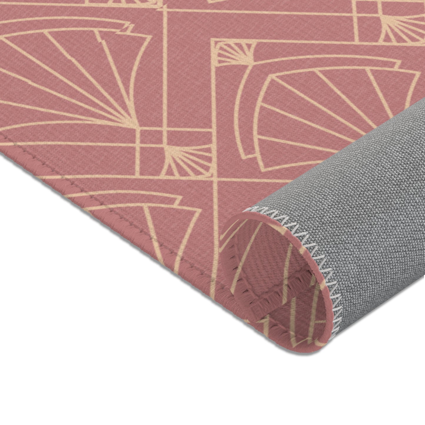 Rose Radiance Art Deco Rug – Champagne Gold on Muted Rose