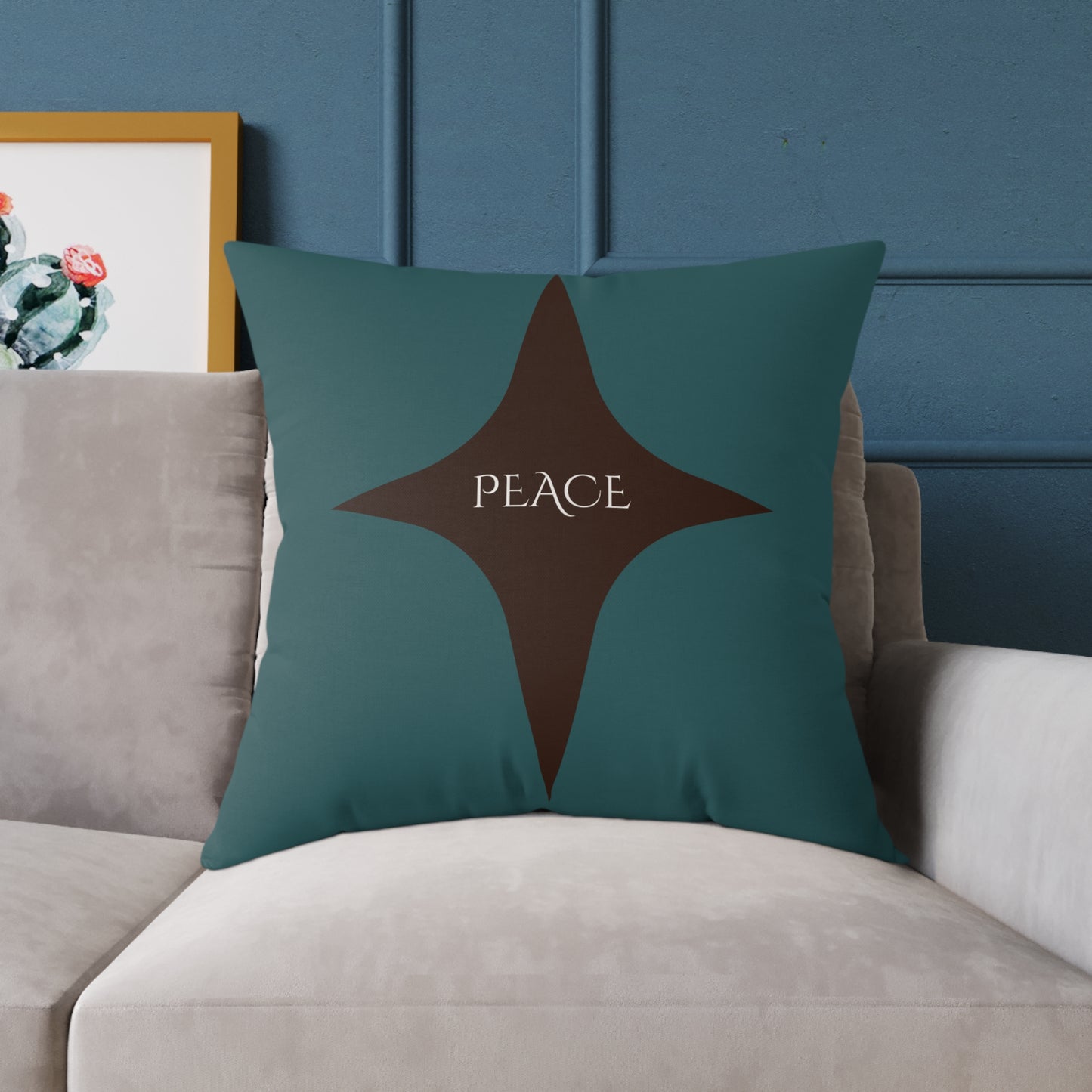 Peace Geometric Accent Pillow – Transformative Teal + Dark Cocoa