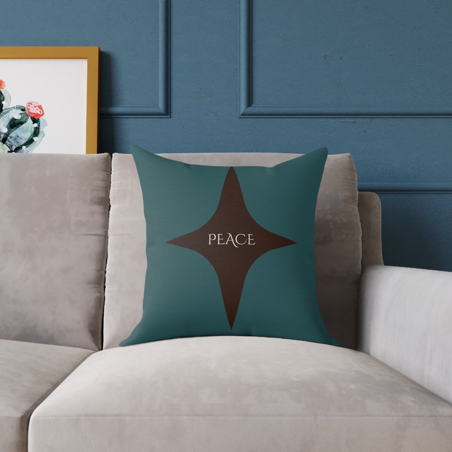 Peace Geometric Accent Pillow – Transformative Teal + Dark Cocoa