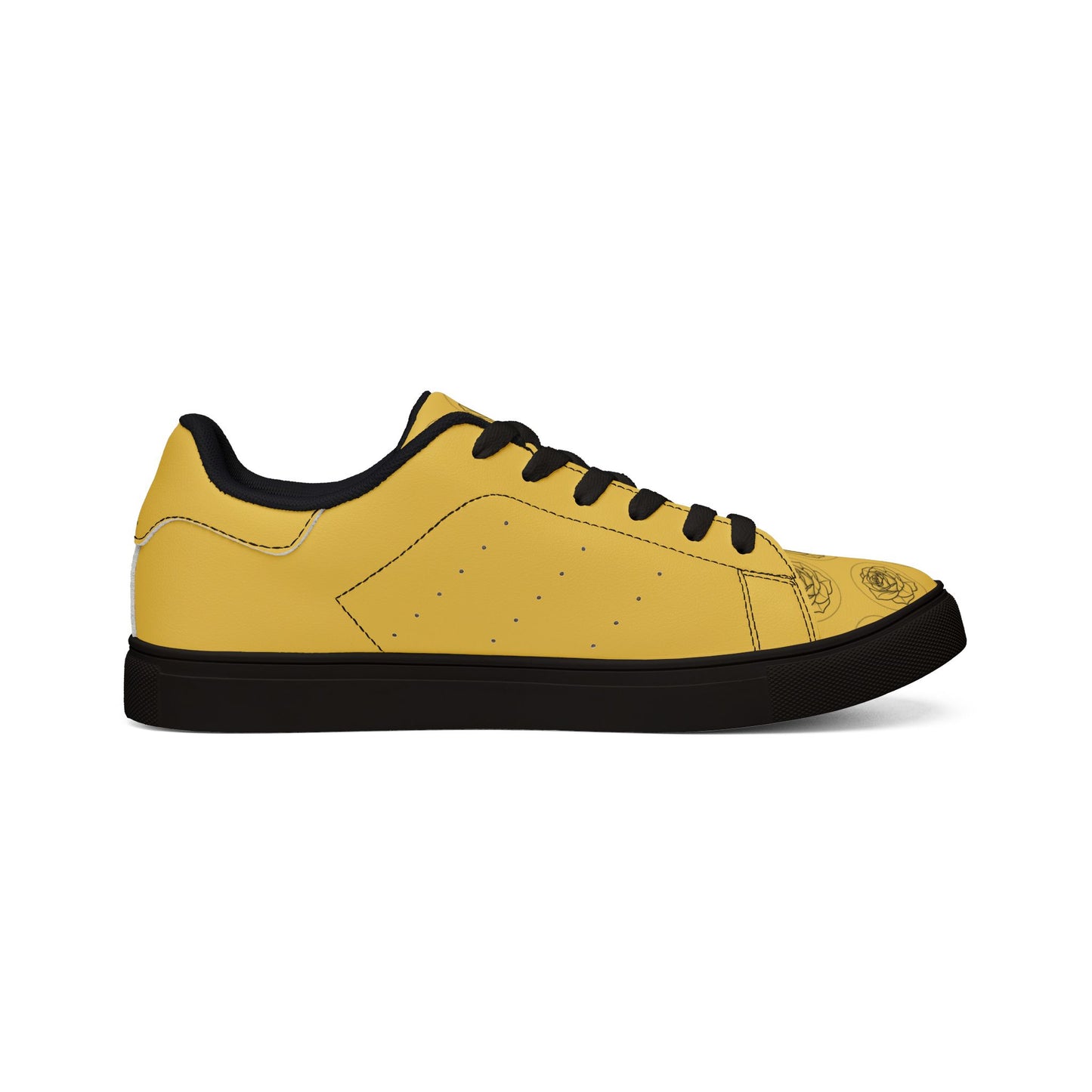 Yellow sneaker with black accents on a white background