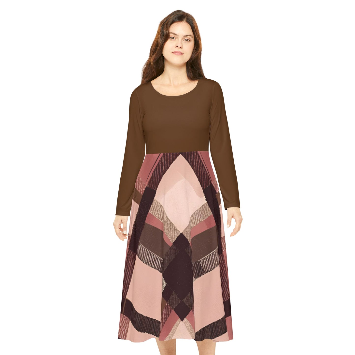 Harvest Harmony – Brown & Rose Plaid Panel Midi Dress