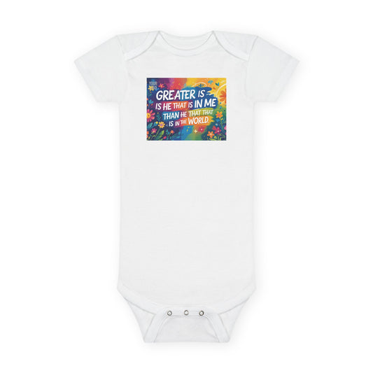 Greater Is He – Baby Onesie, Eco-Friendly, Preemie to 6 Months
