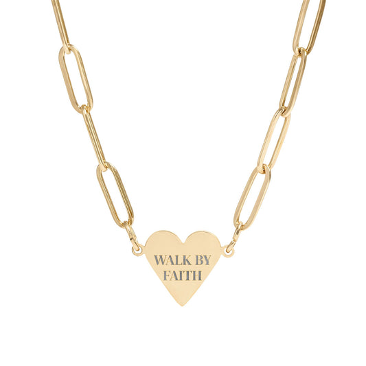 Walk by Faith Engraved Heart Necklace – Stainless Steel, Rose Gold PVD, or Gold PVD