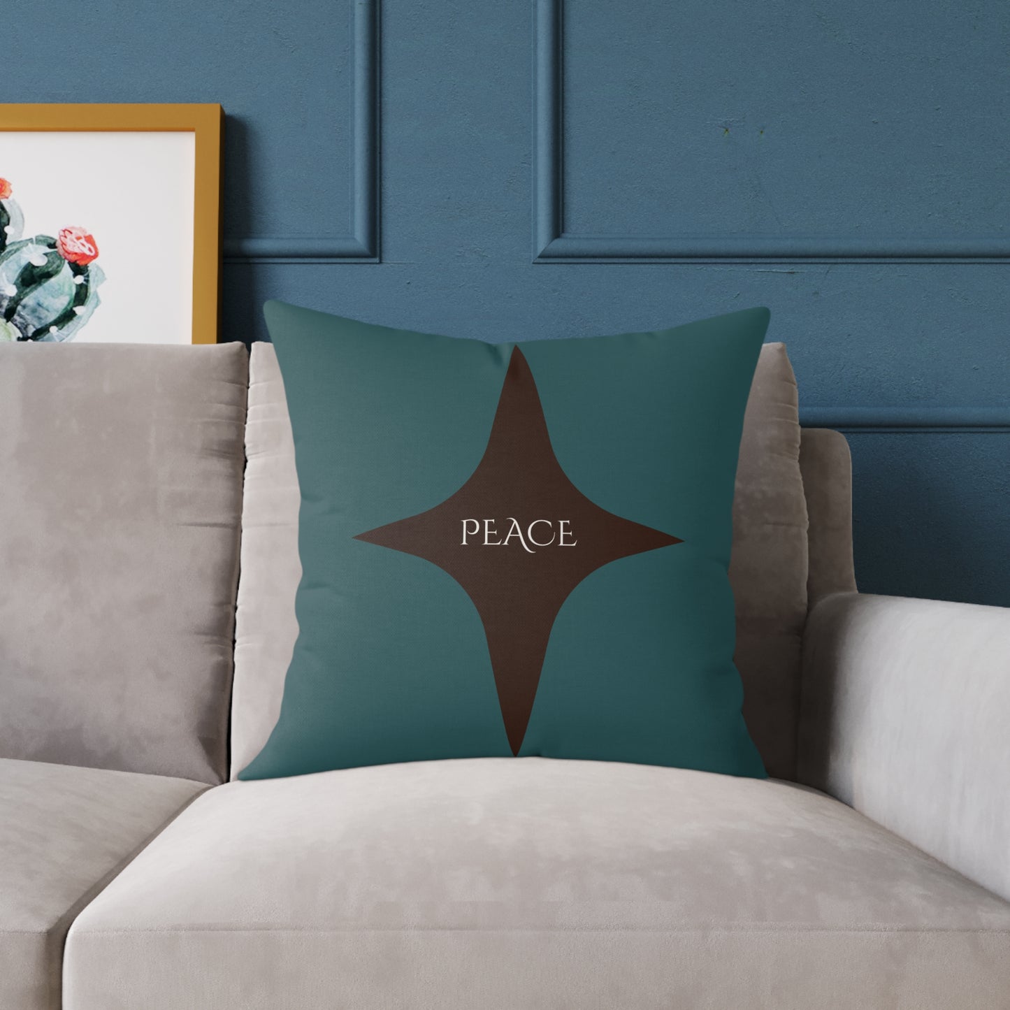 Peace Geometric Accent Pillow – Transformative Teal + Dark Cocoa