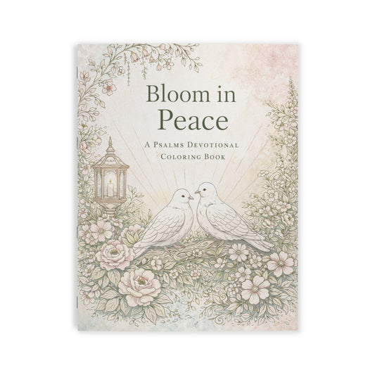 Coloring book cover titled 'Bloom in Peace' with doves and flowers on a white background