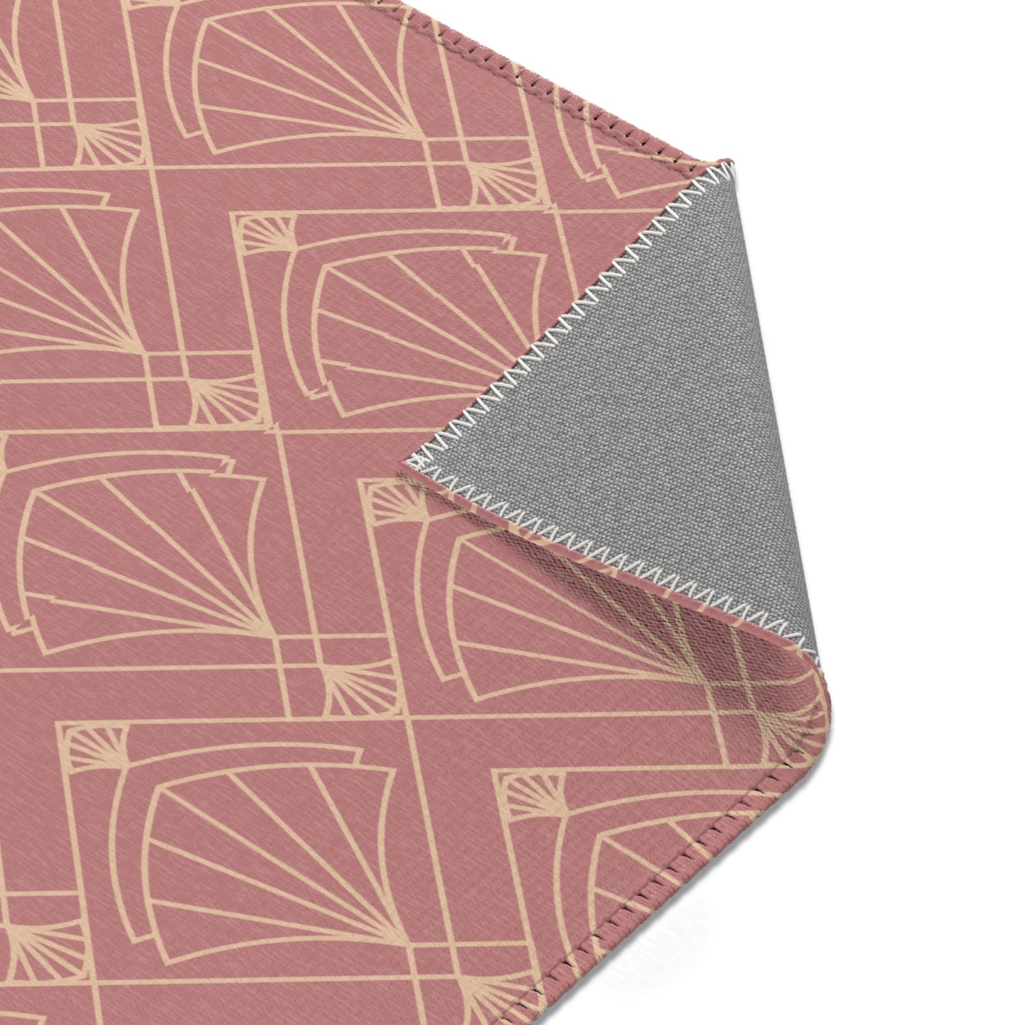 Rose Radiance Art Deco Rug – Champagne Gold on Muted Rose