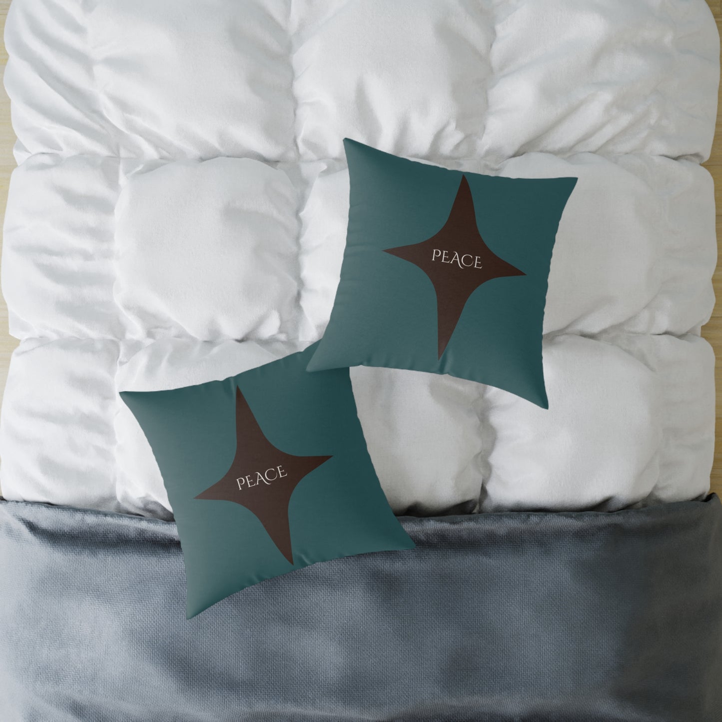 Peace Geometric Accent Pillow – Transformative Teal + Dark Cocoa