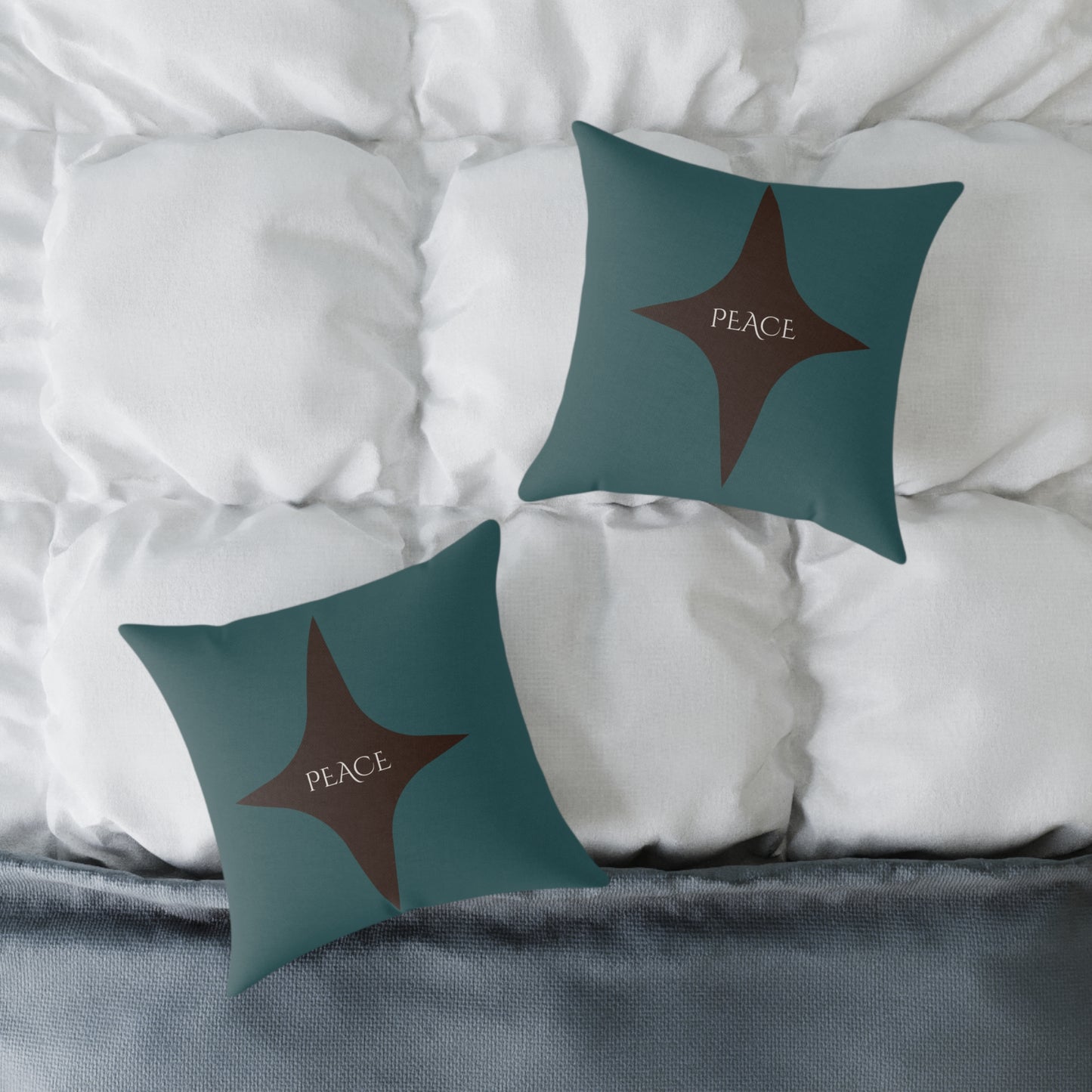 Peace Geometric Accent Pillow – Transformative Teal + Dark Cocoa