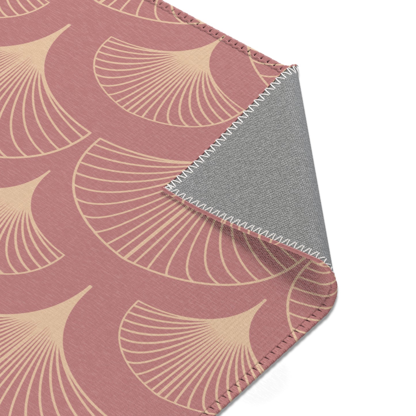 Sanctified Shells Art Deco Rug – Champagne Gold on Muted Rose