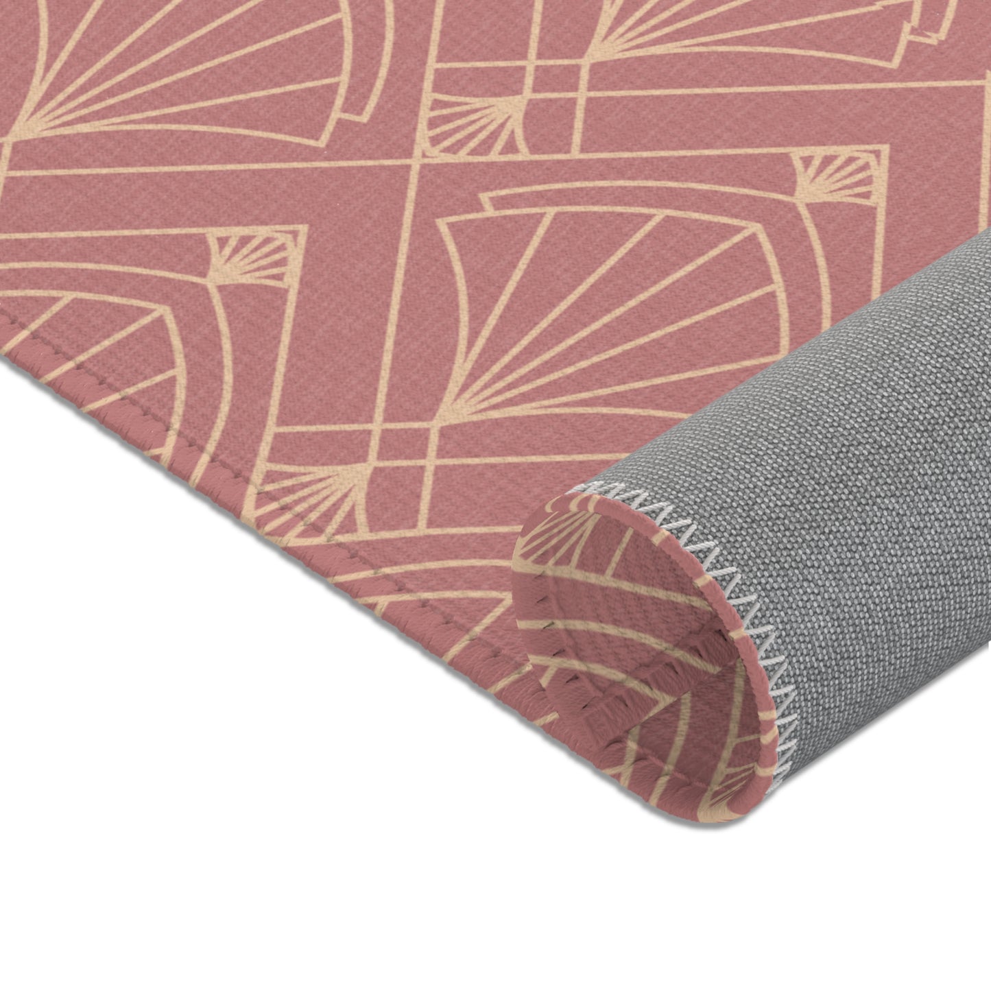 Rose Radiance Art Deco Rug – Champagne Gold on Muted Rose