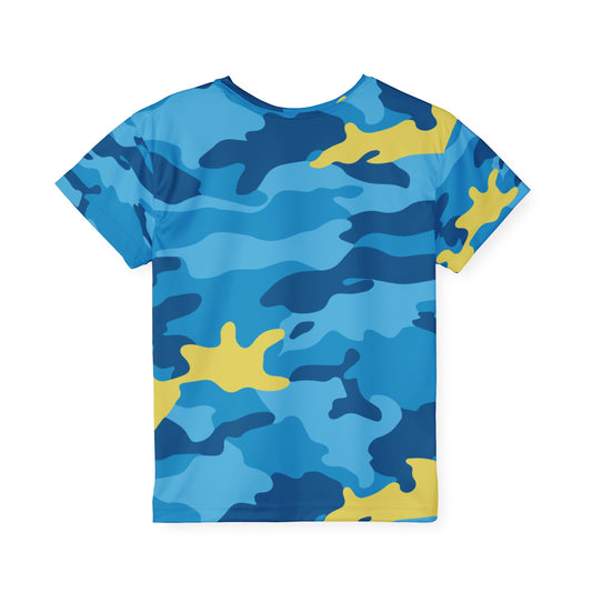 Blue + Bold Camo Youth Tee – Faith-Fueled Energy