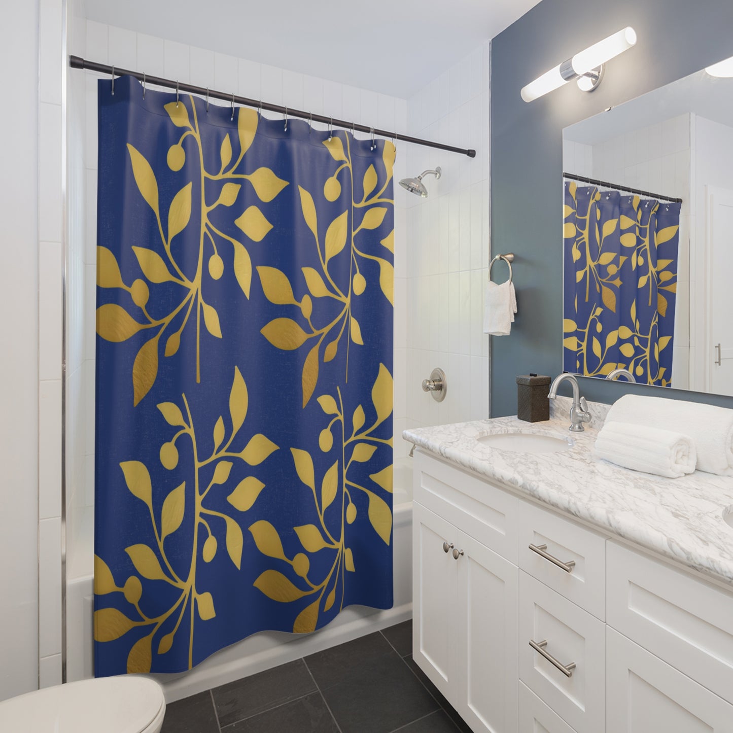 Golden Olive – Royal Blue Faith-Inspired Shower Curtain