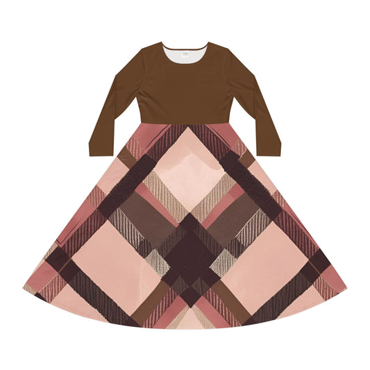 Harvest Harmony – Brown & Rose Plaid Panel Midi Dress